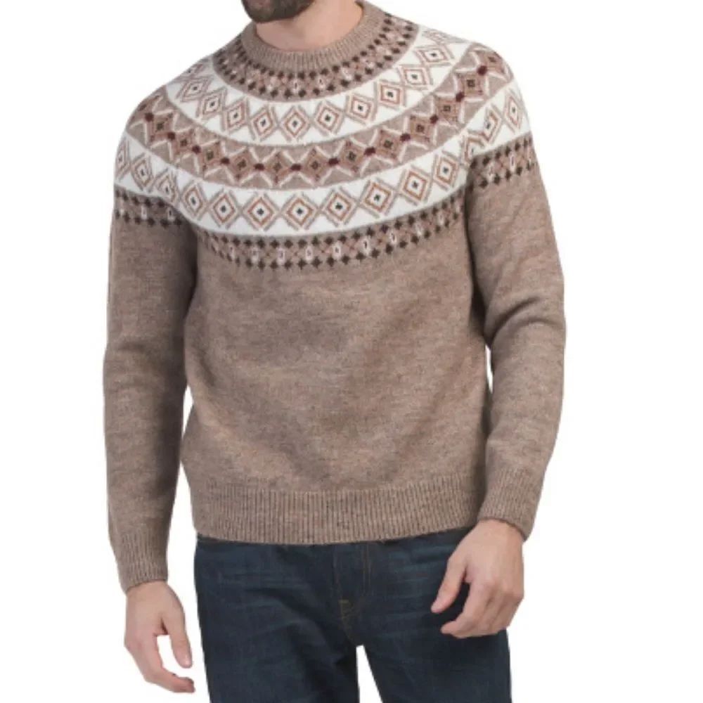 GROVE & HOLLOW Fair Isle Tan Ivory Crew Wool Blend Knit Sweater